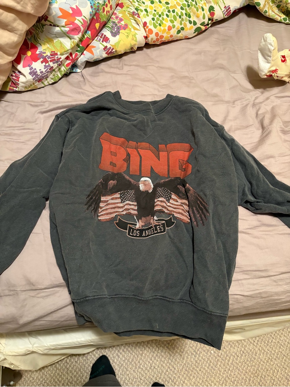 Anine Bing Charcoal Crewneck with Red Logo & Flag Eagle Graphic